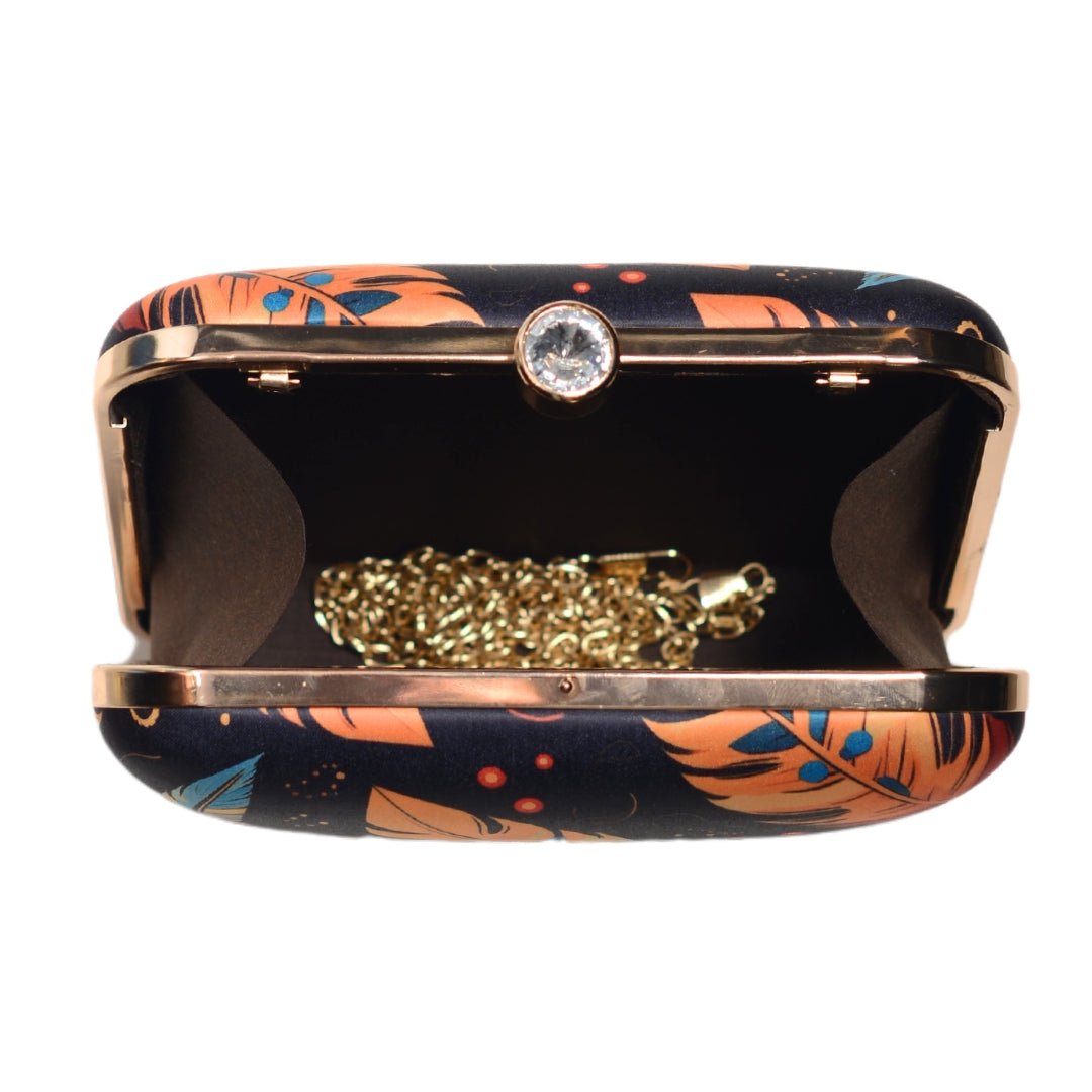 Black Based Feather Printed Clutch