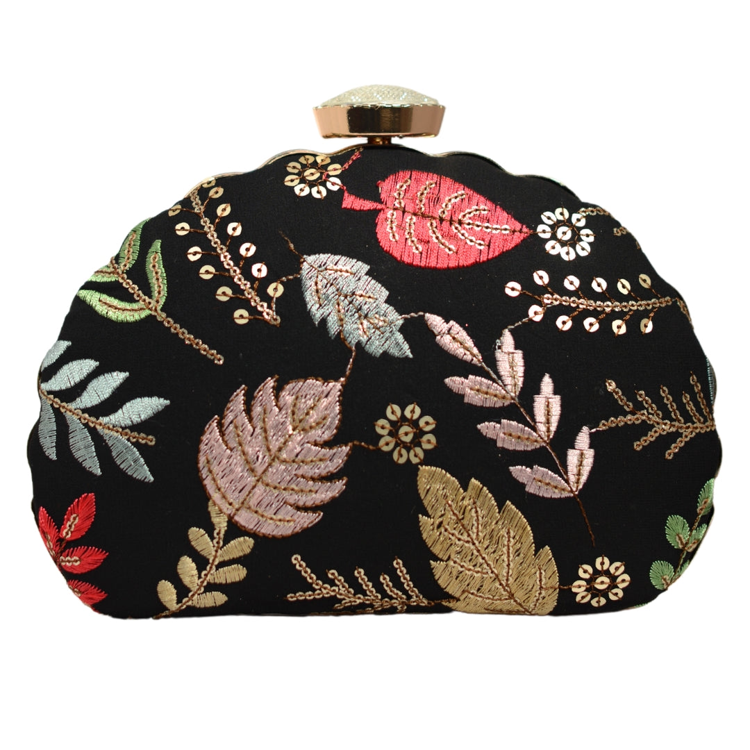 Black Multipattern Embroidery Party Clutch