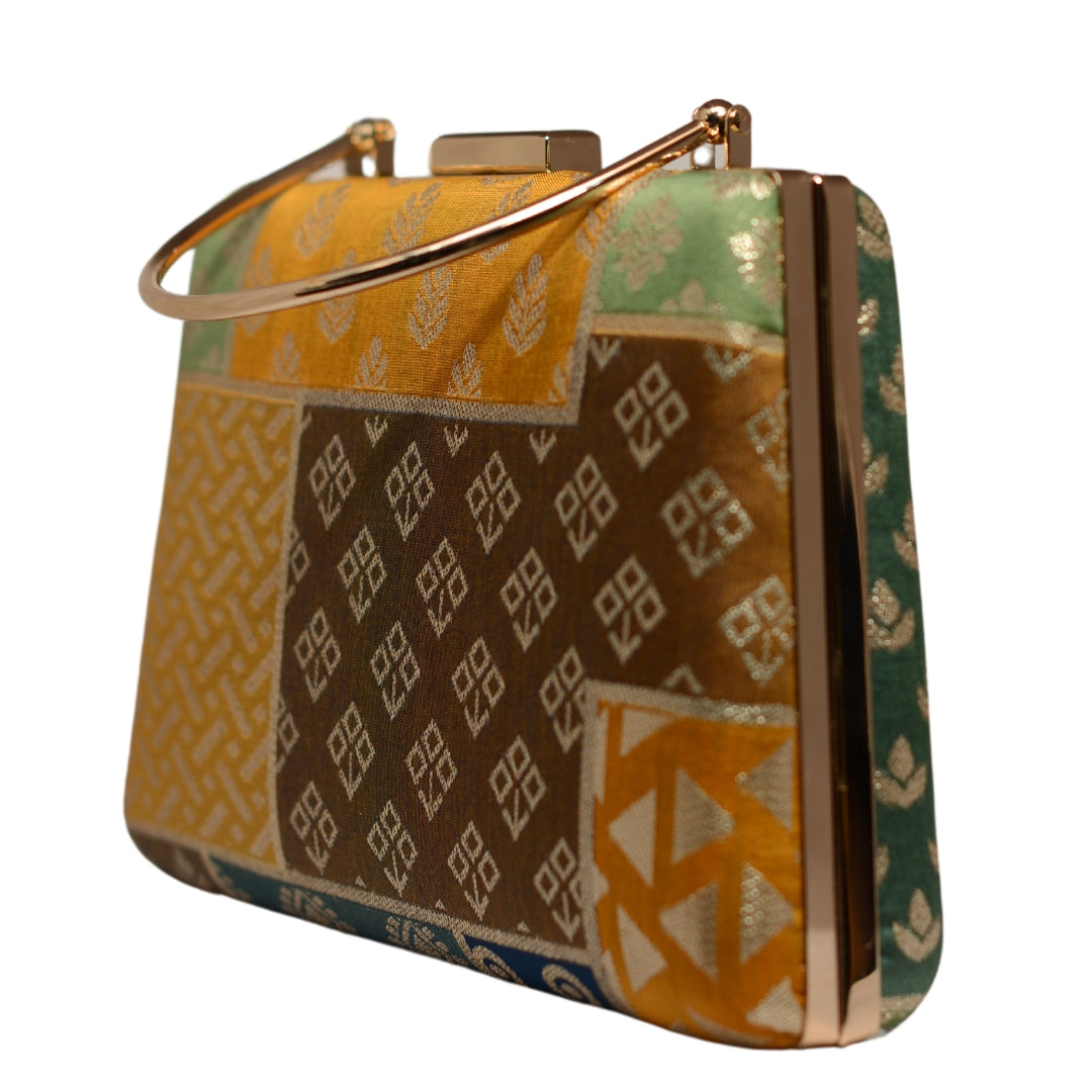 Multipattern Brown Brocade Party Clutch