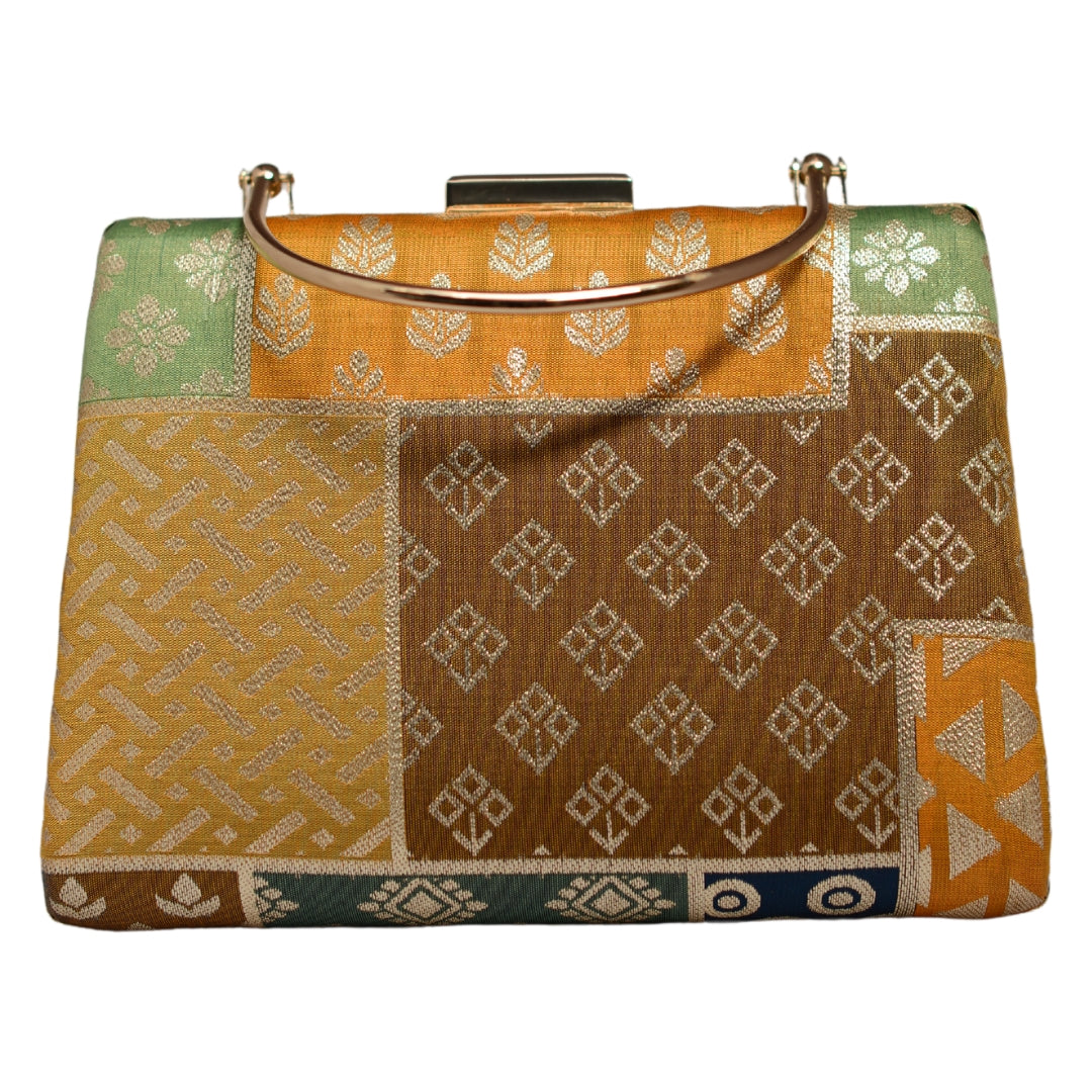 Multipattern Brown Brocade Party Clutch