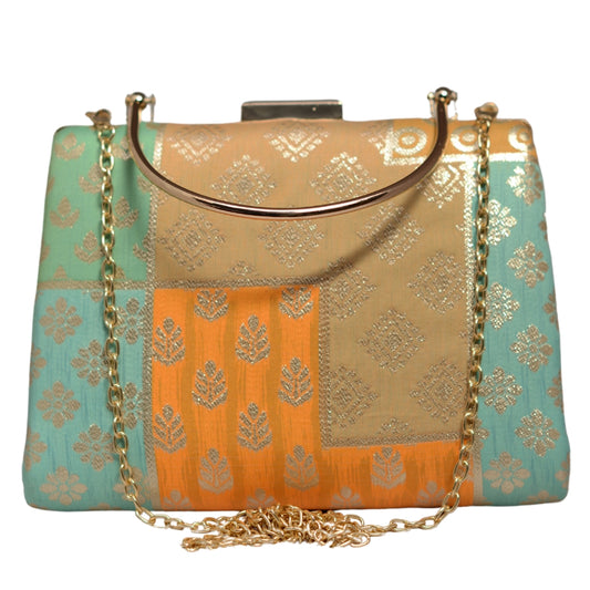Multipattern Green Brocade Party Clutch