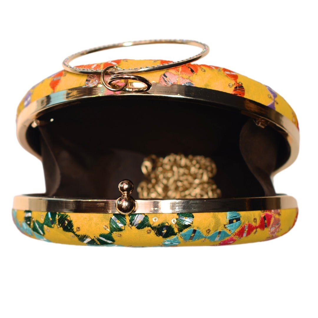 Yellow Multicoloured Round Embroidery Clutch
