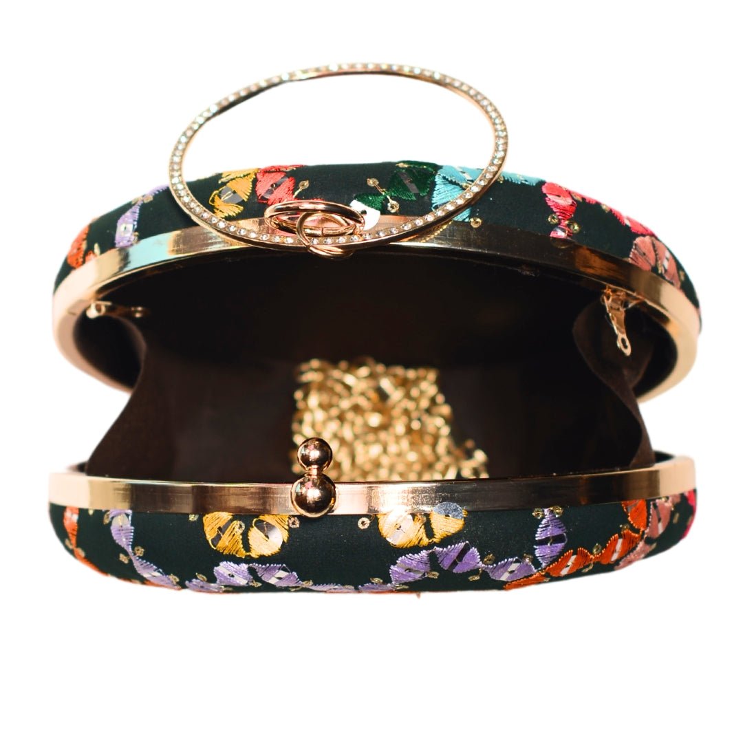 Black Based Multicoloured Round Embroidery Clutch