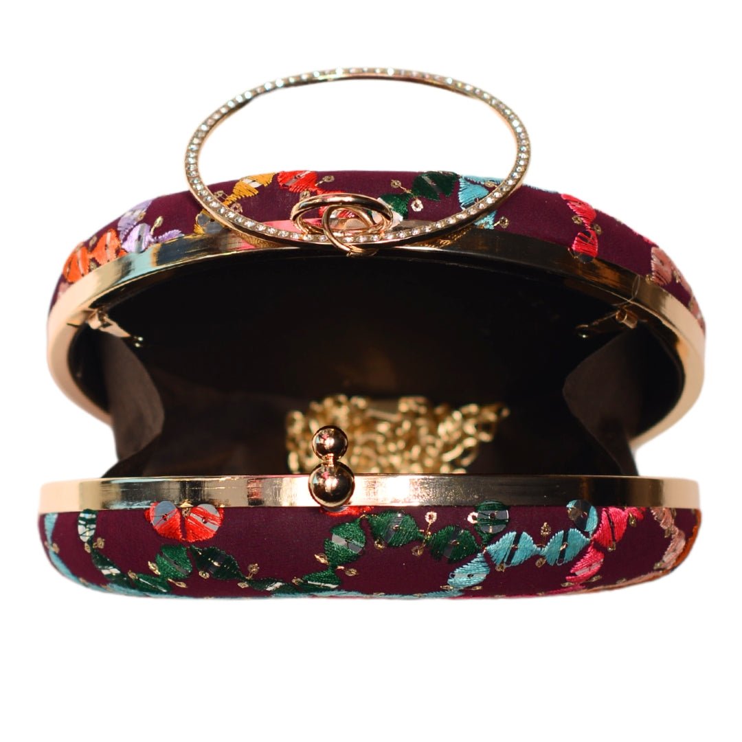 Maroon Multicoloured Round Embroidery Clutch