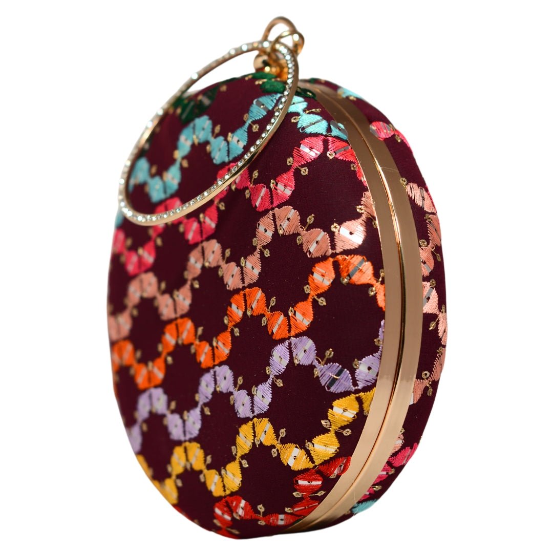 Maroon Multicoloured Round Embroidery Clutch