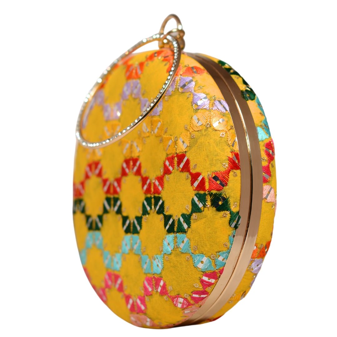 Yellow Multicoloured Round Embroidery Clutch