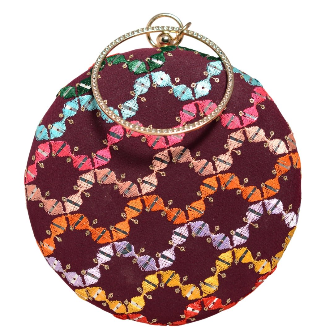 Maroon Multicoloured Round Embroidery Clutch