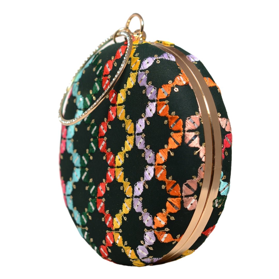 Black Based Multicoloured Round Embroidery Clutch