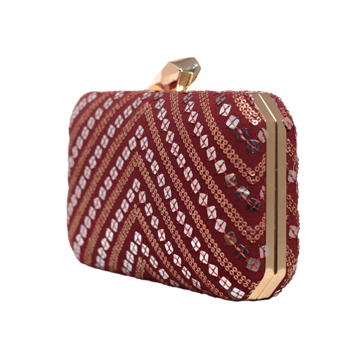 Silver Sequins Maroon Embroidery Clutch
