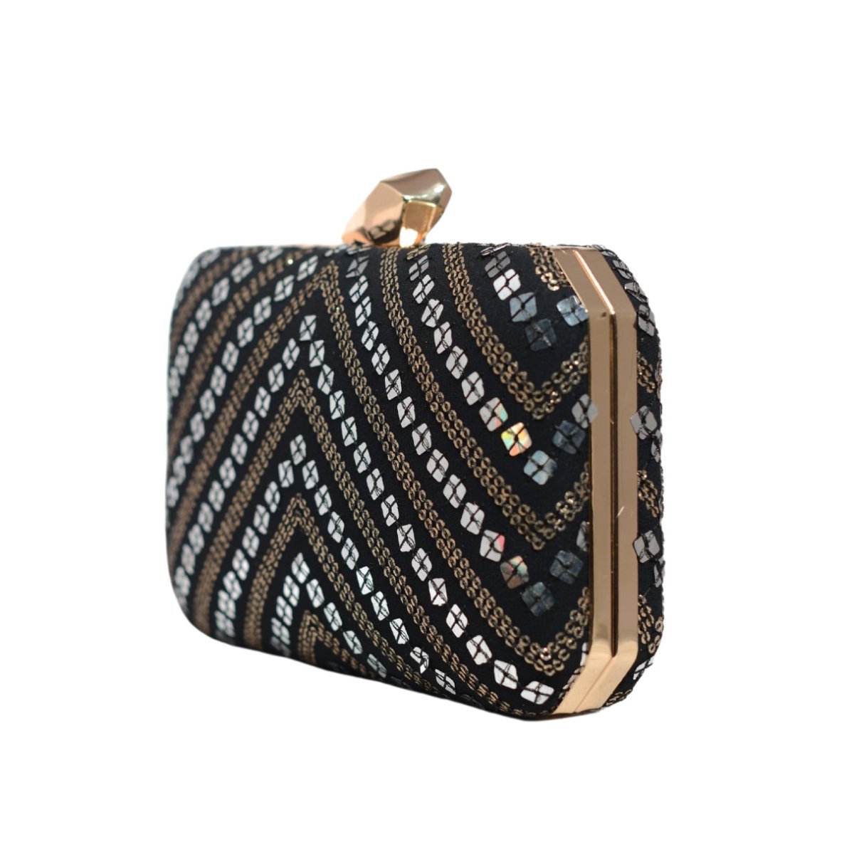 Silver Sequins Black Embroidery Clutch