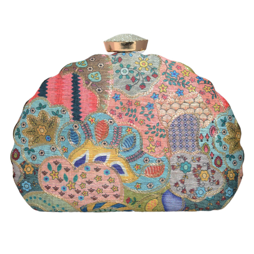 Pink Mixed Pattern Embroidery Moon Shaped Clutch
