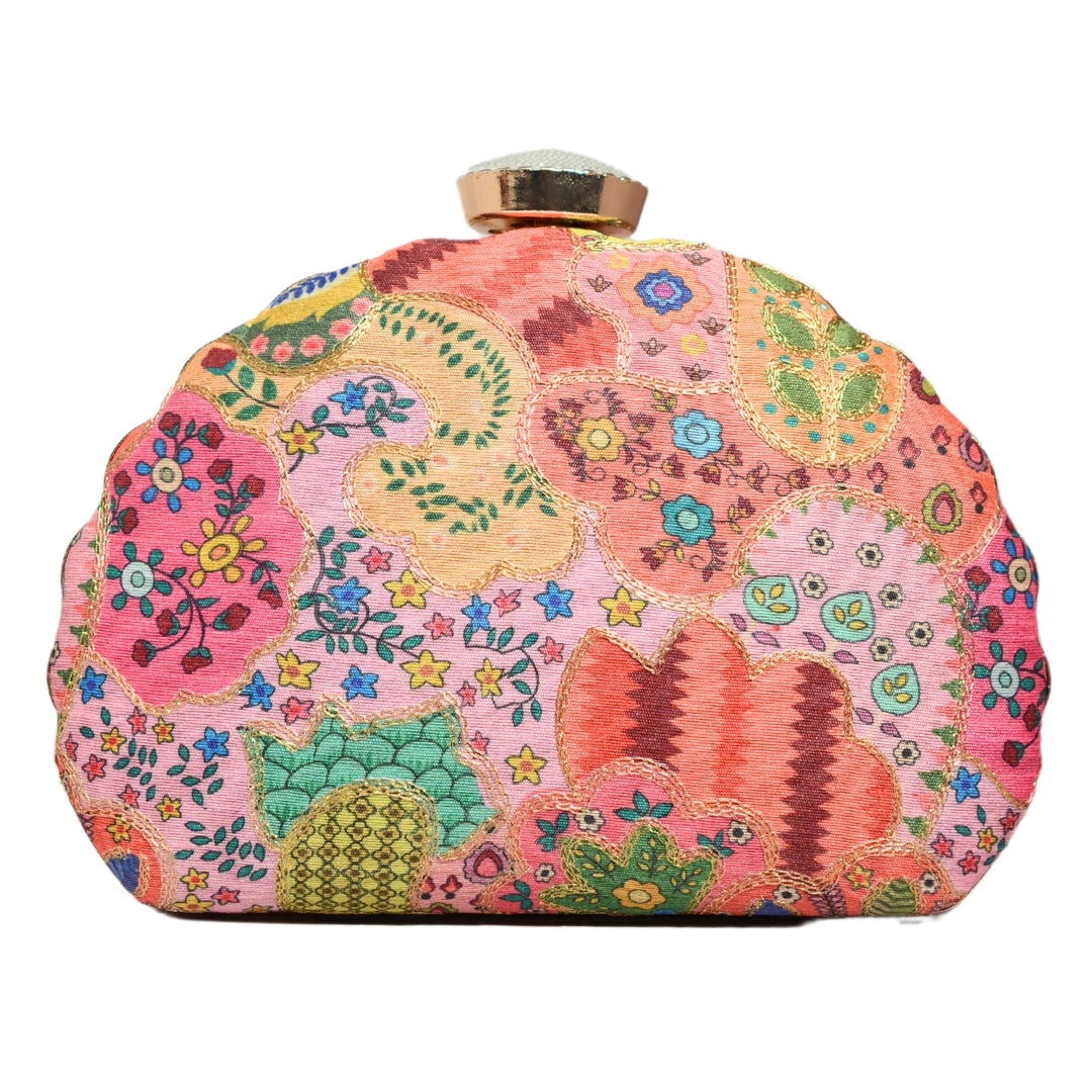 Multi-patterned Embroidery Moon Shaped Clutch