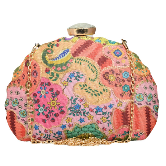 Multi-patterned Embroidery Moon Shaped Clutch