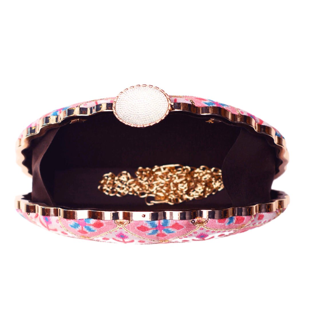 Pink Sequin Embroidery Moon Shaped Clutch