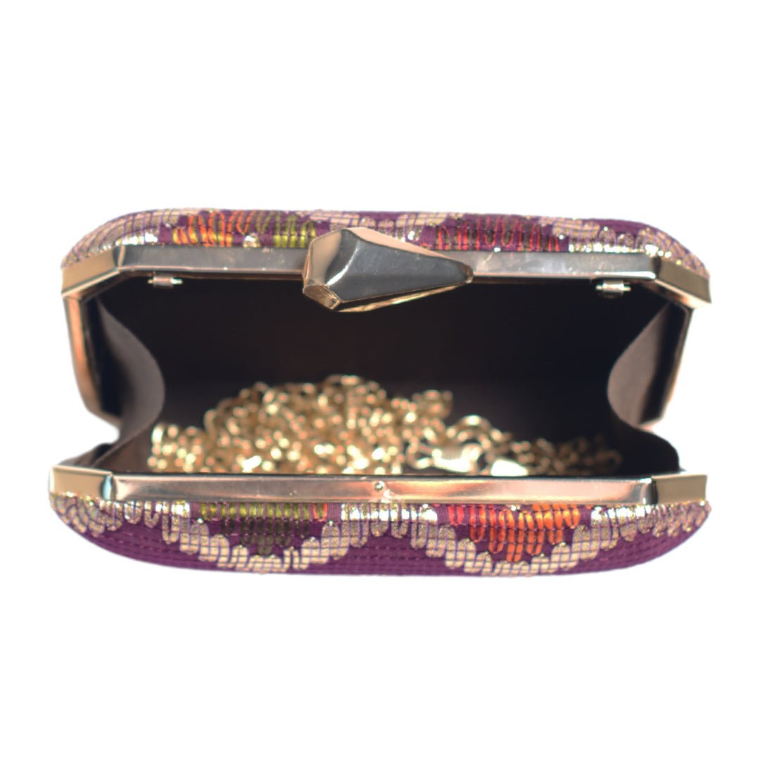Wine Multicolour Zigzag Embroidery Clutch