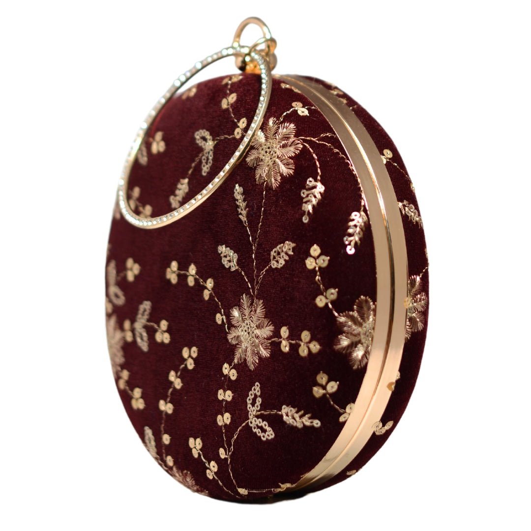 Maroon Floral Embroidery Round Clutch