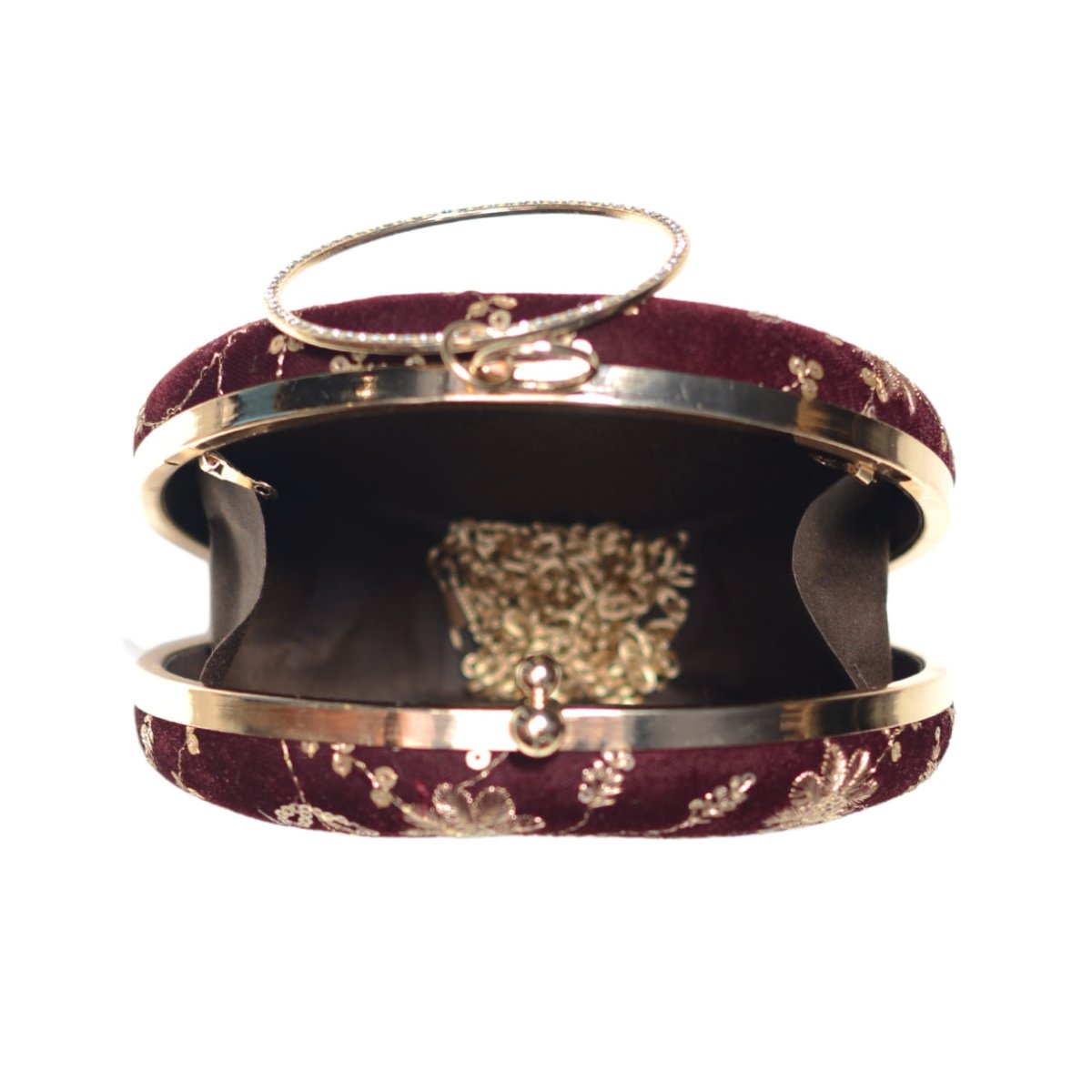 Maroon Floral Embroidery Round Clutch