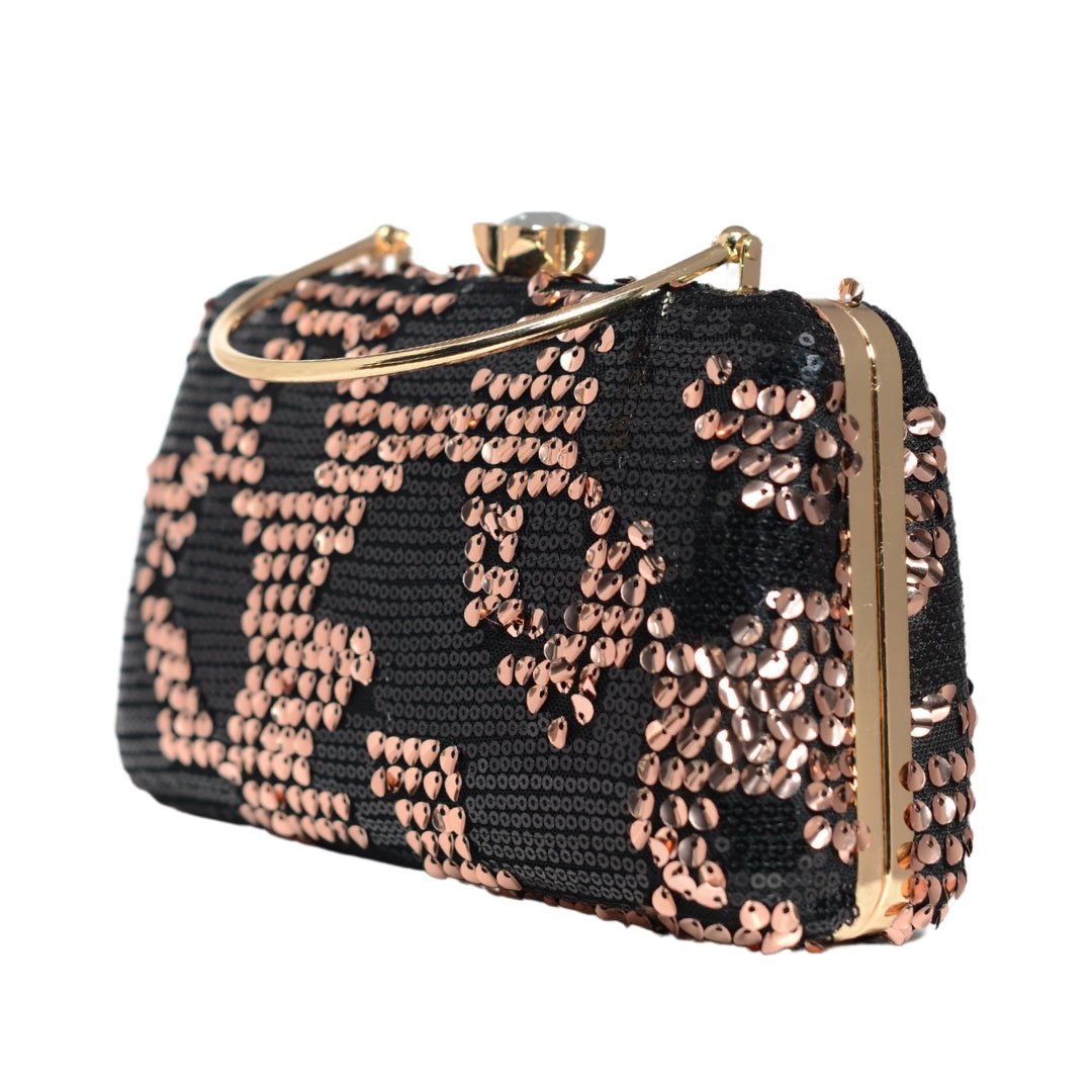 Rose Gold And Black Sequins Party Clutch