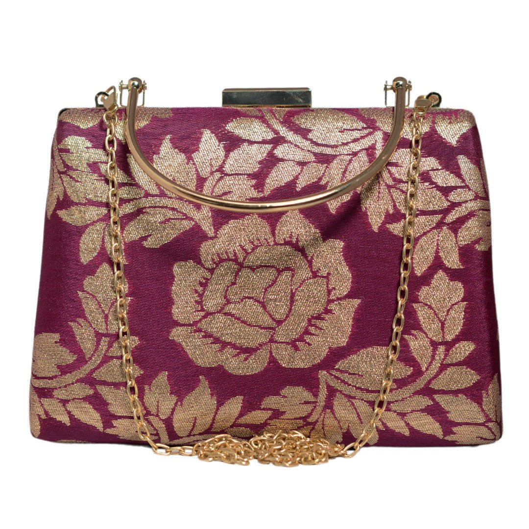 Wine And Golden Brocade Fabric Clutch