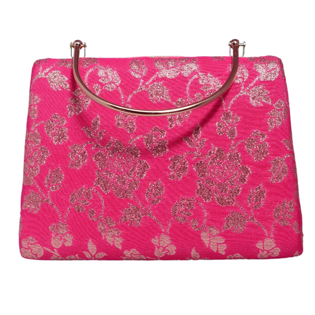 Pink And Golden Brocade Fabric Clutch