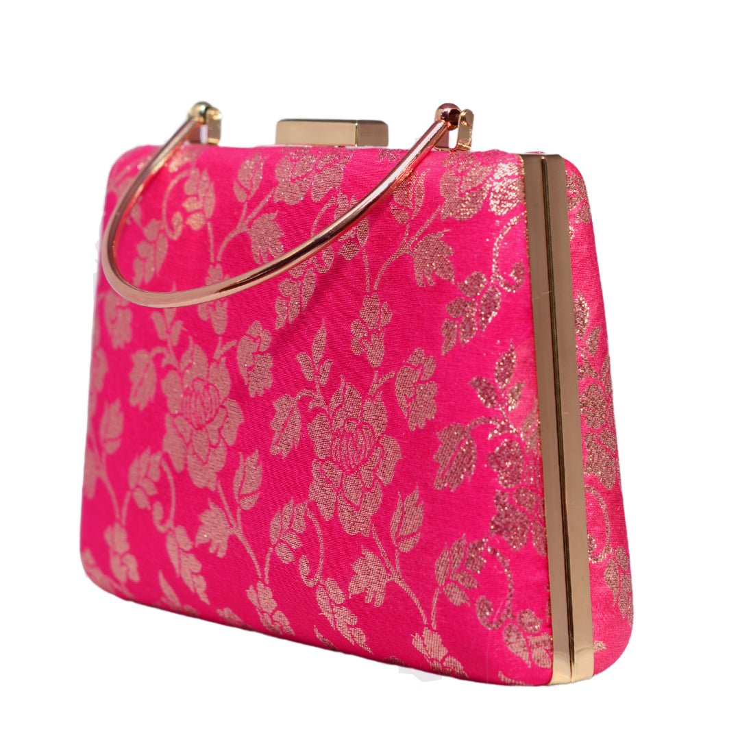 Pink And Golden Brocade Fabric Clutch