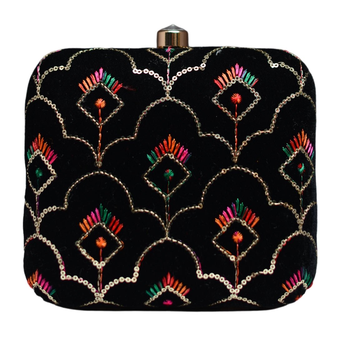 Black Multicolour Sequins Embroidery Clutch