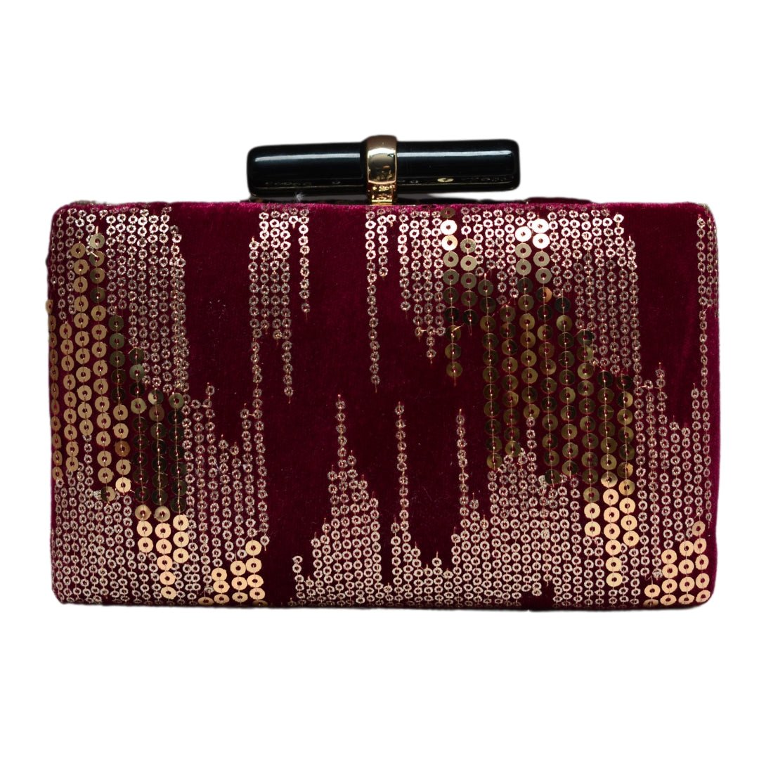 Golden Sequins Maroon Embroidery Clutch