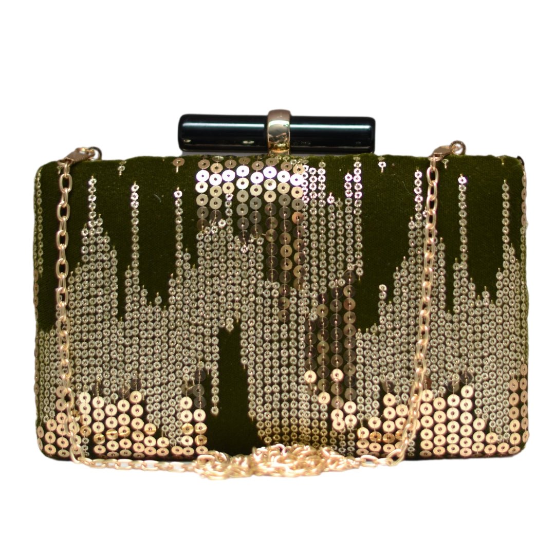 Olive Green Sequins Embroidery Clutch
