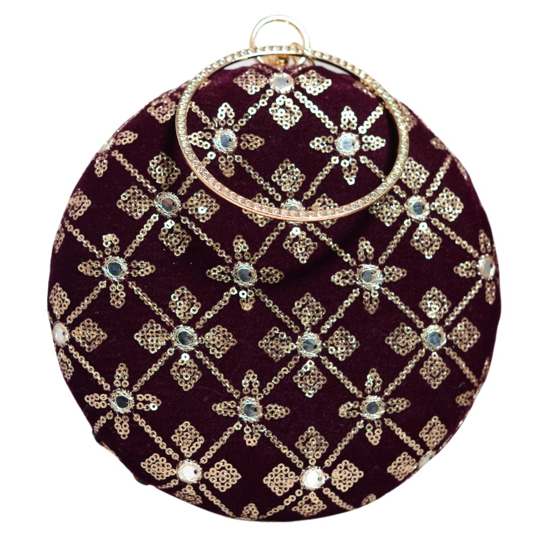 Wine Floral Sequins Round Clutch