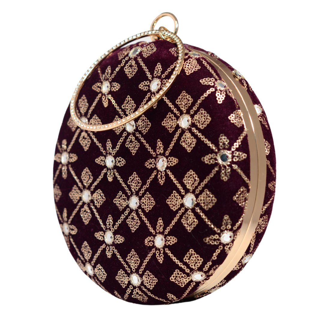 Wine Floral Sequins Round Clutch