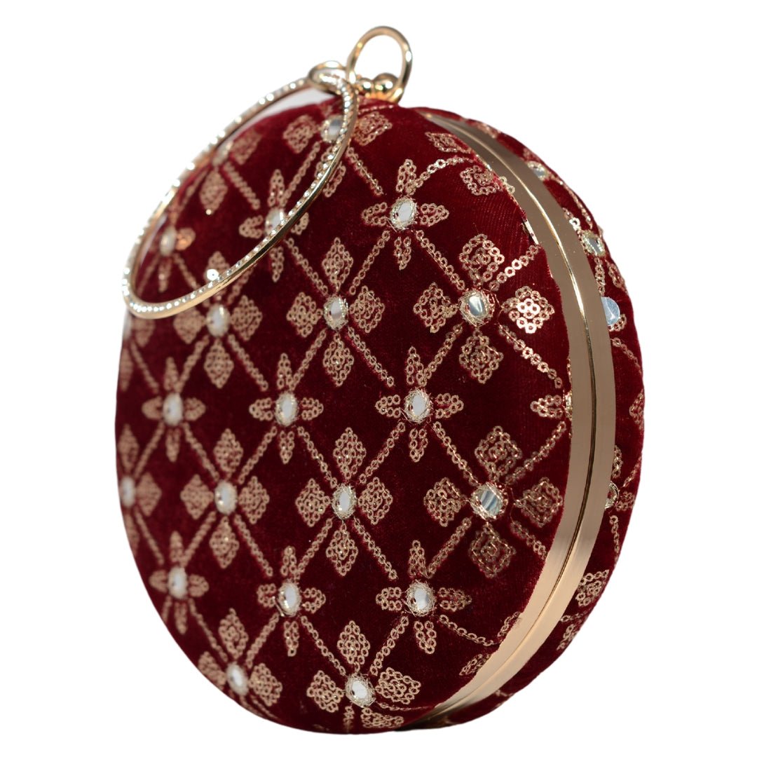 Maroon Floral Sequins Round Clutch