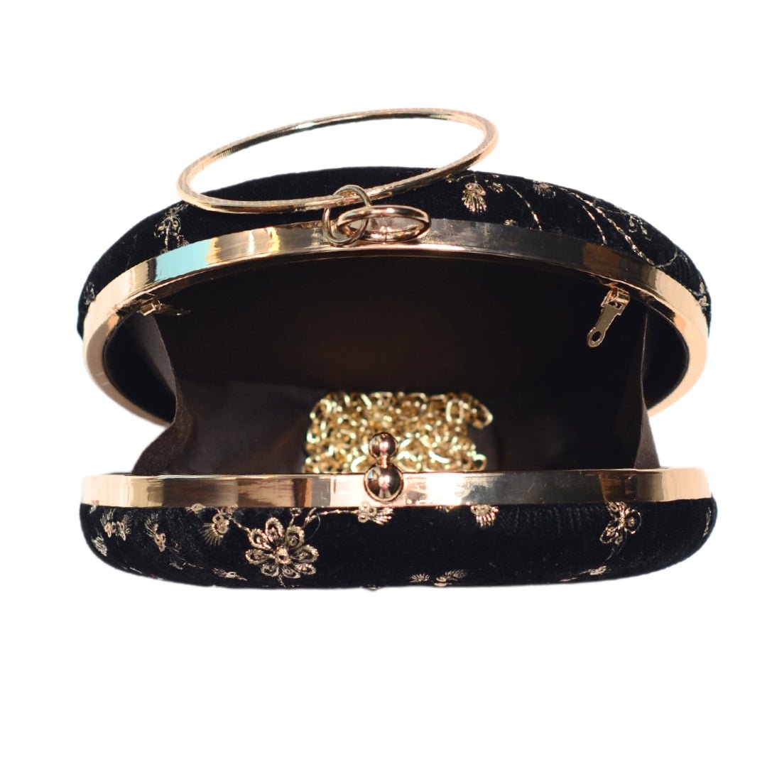 Black And Golden Floral Sequins Embroidery Clutch
