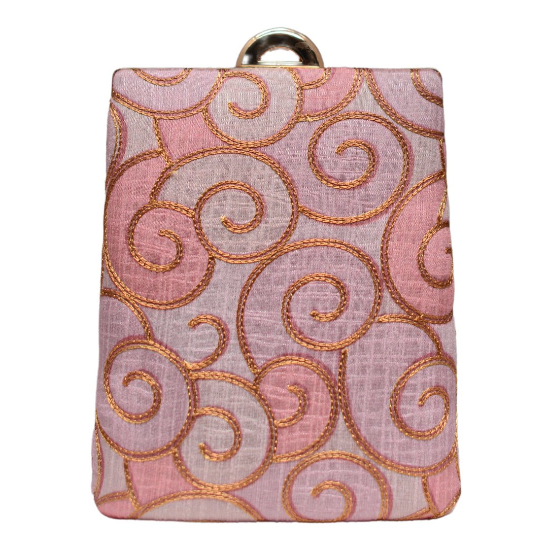 Pink And Golden Embroidery Vertical Clutch