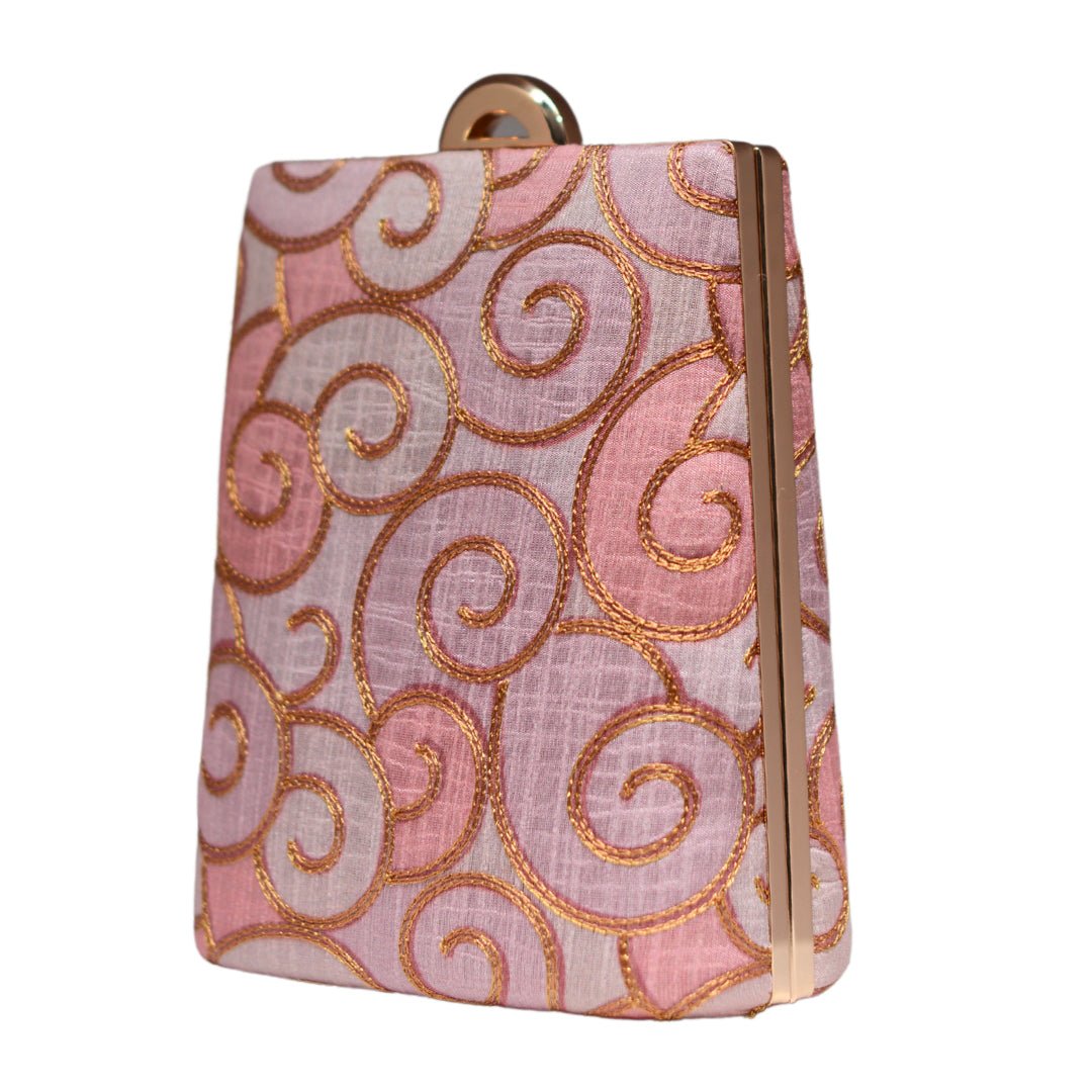 Pink And Golden Embroidery Vertical Clutch