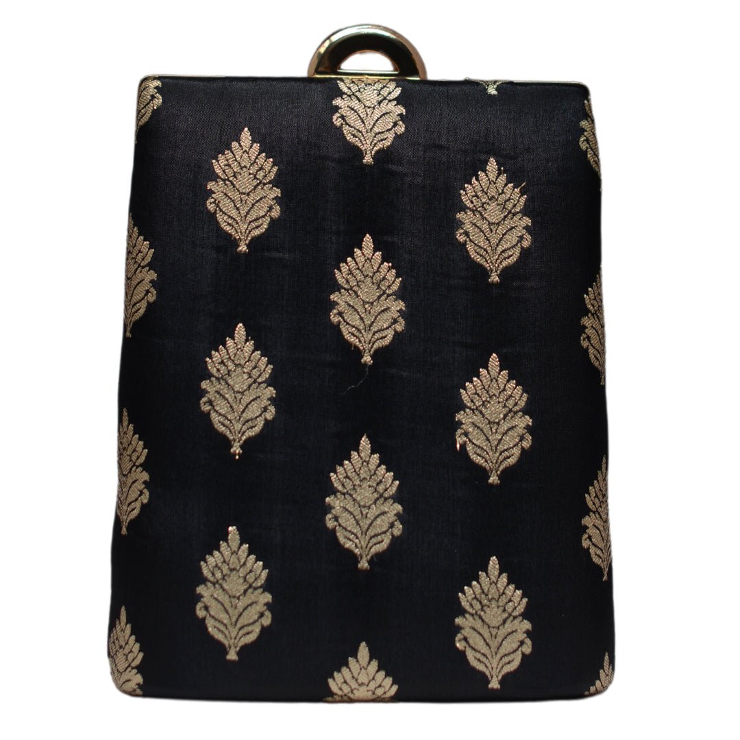 Black Brocade Fabric Vertical Clutch