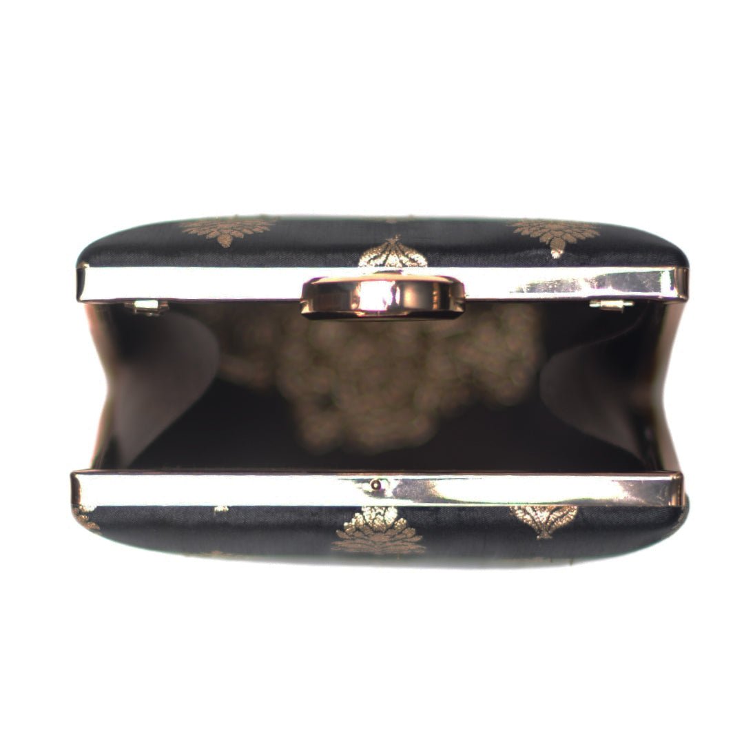 Black Brocade Fabric Vertical Clutch