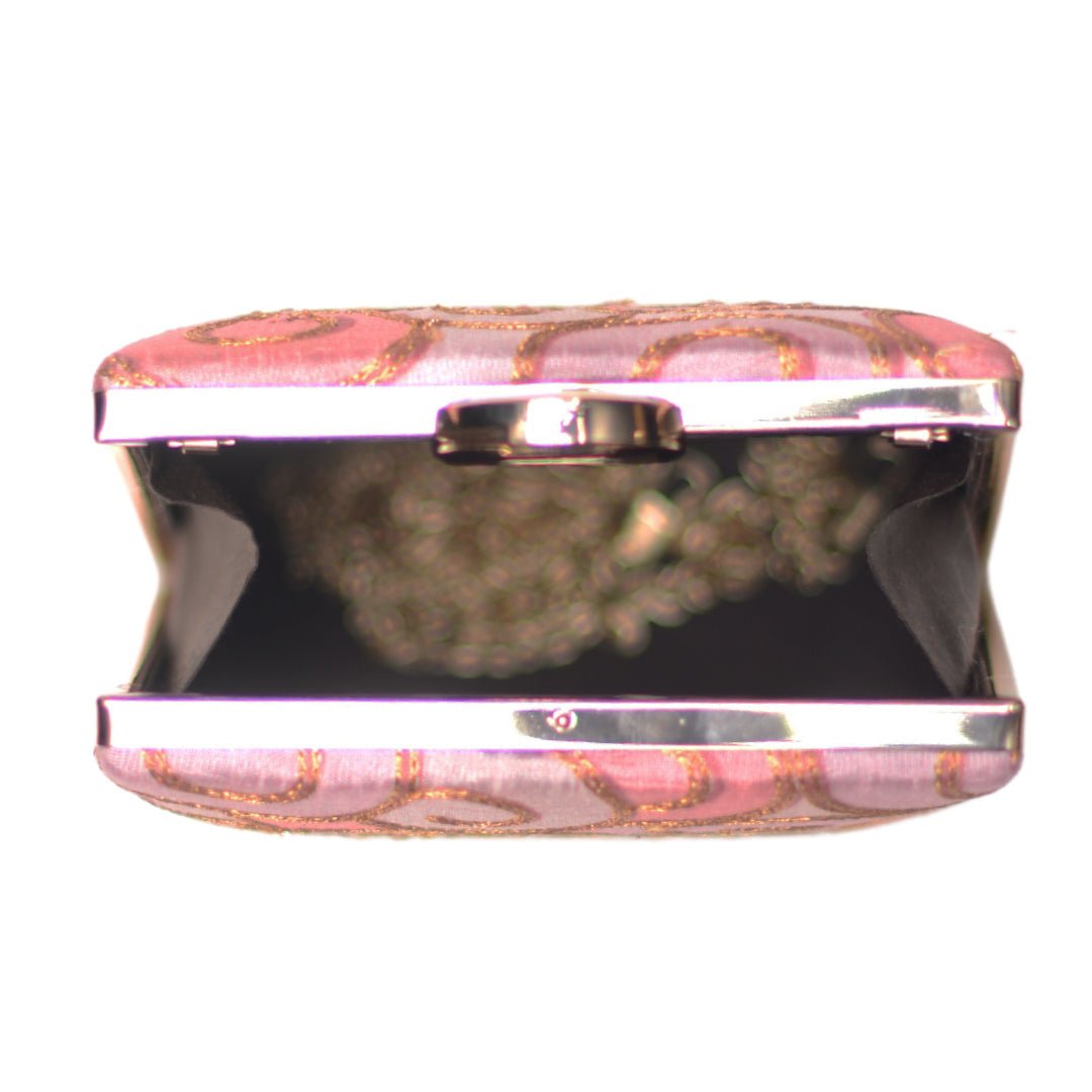 Pink And Golden Embroidery Vertical Clutch