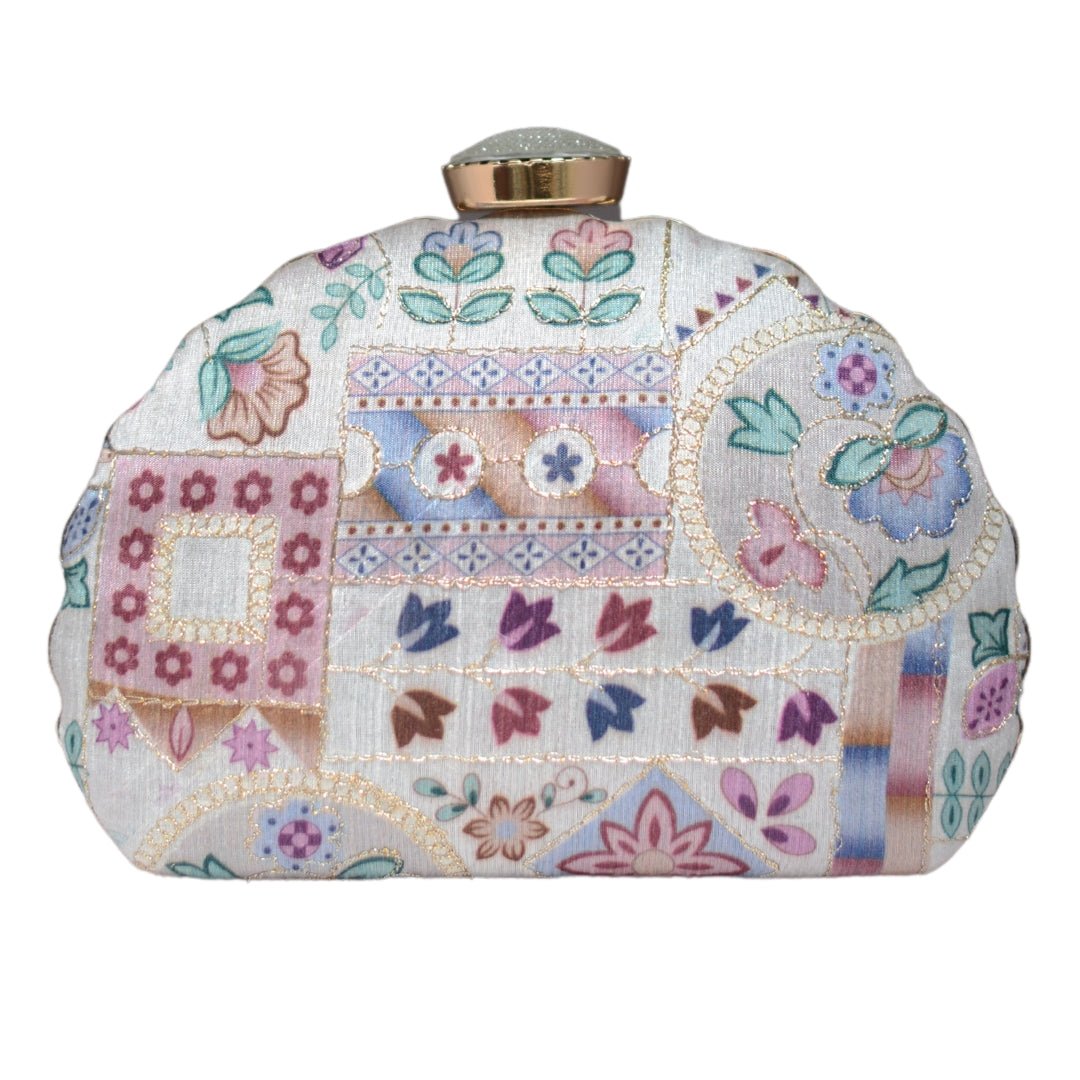 White Multipattern Moon shape Clutch