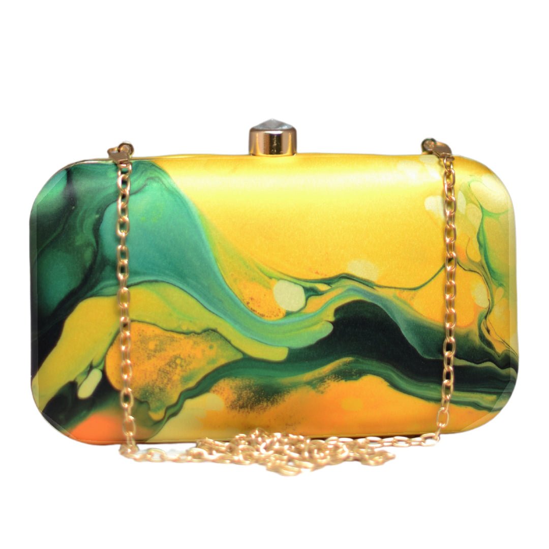 Green And Yellow Flow Art Printed Clutch