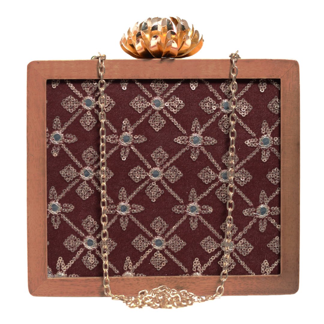 Maroon Sequins Embroidery Wooden Clutch