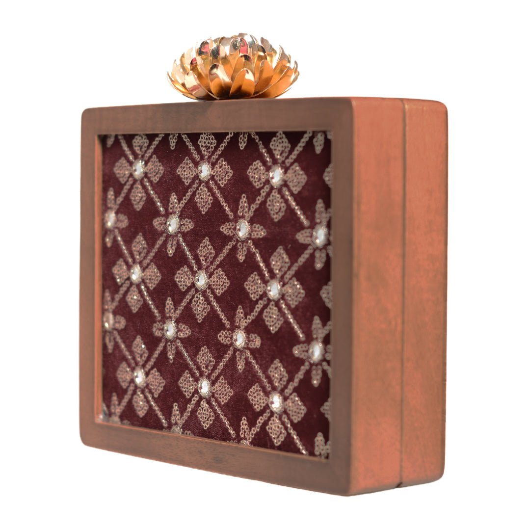 Maroon Sequins Embroidery Wooden Clutch