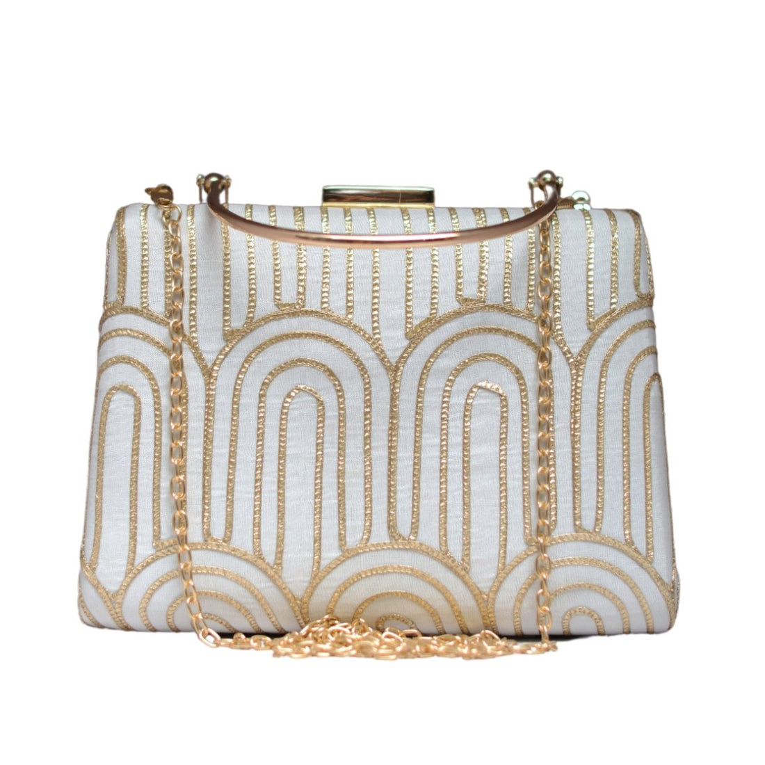 White And Golden Door Pattern Embroidery Clutch