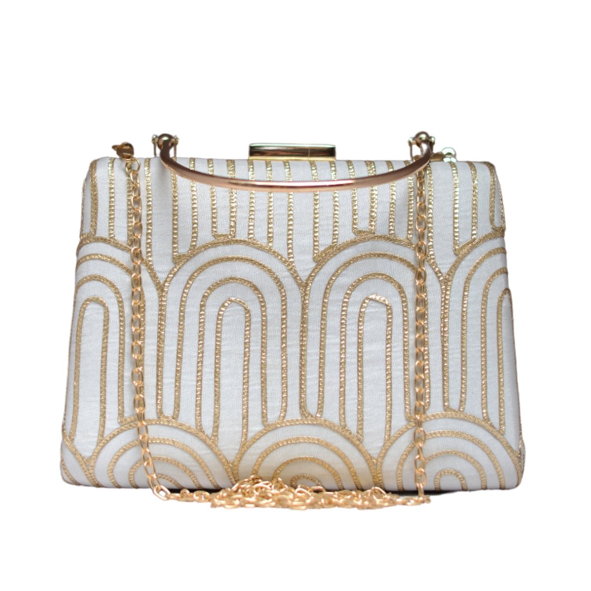 White And Golden Door Pattern Embroidery Clutch