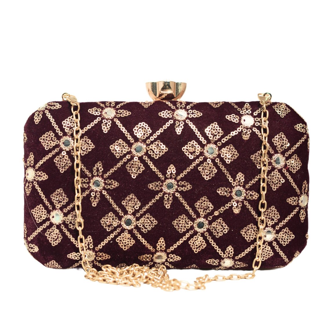 Wine Mirror Sequins Rectangle Embroidery Clutch