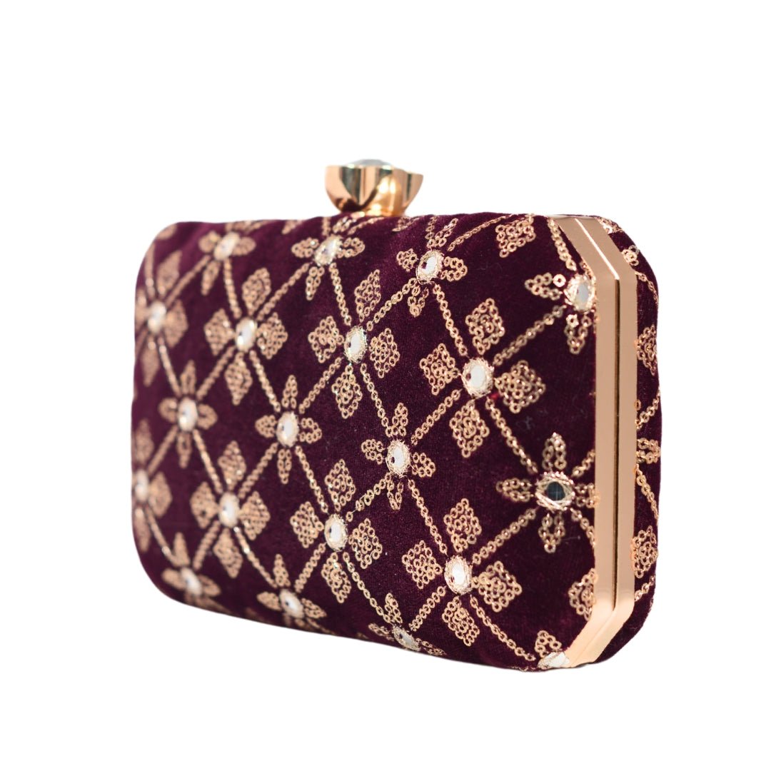 Wine Mirror Sequins Rectangle Embroidery Clutch