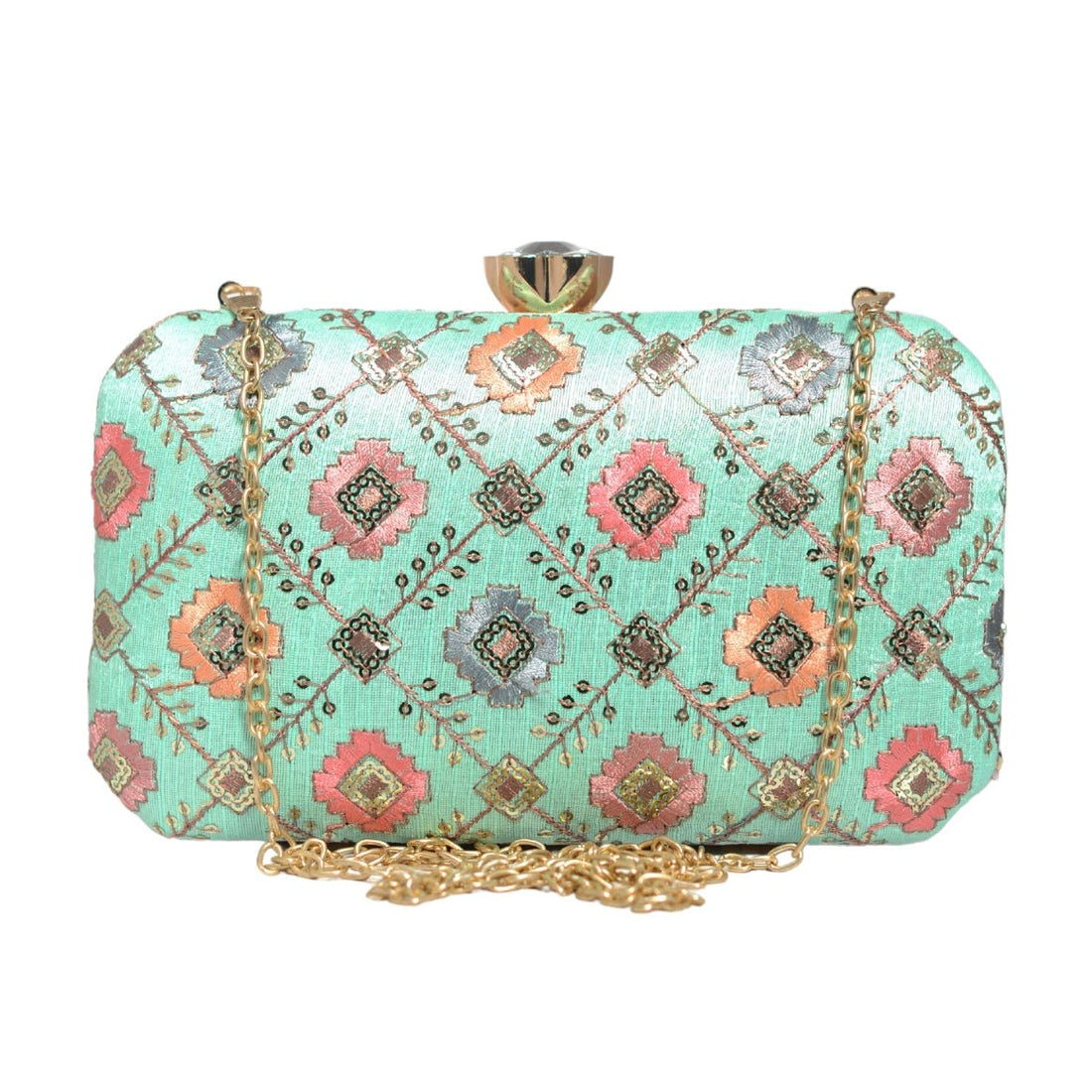 Torquise Sequins Rectangle Embroidery Clutch