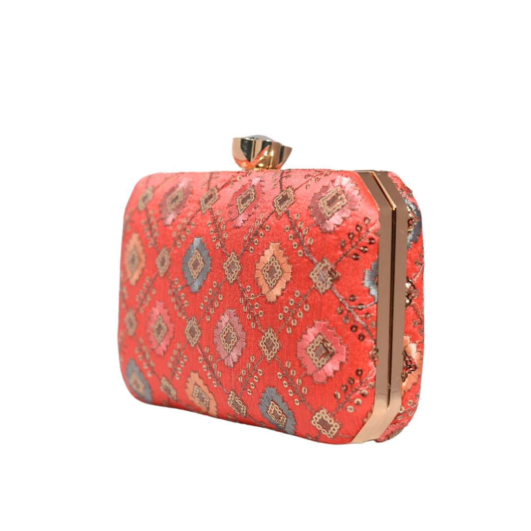 Red Sequins Rectangle Embroidery Clutch
