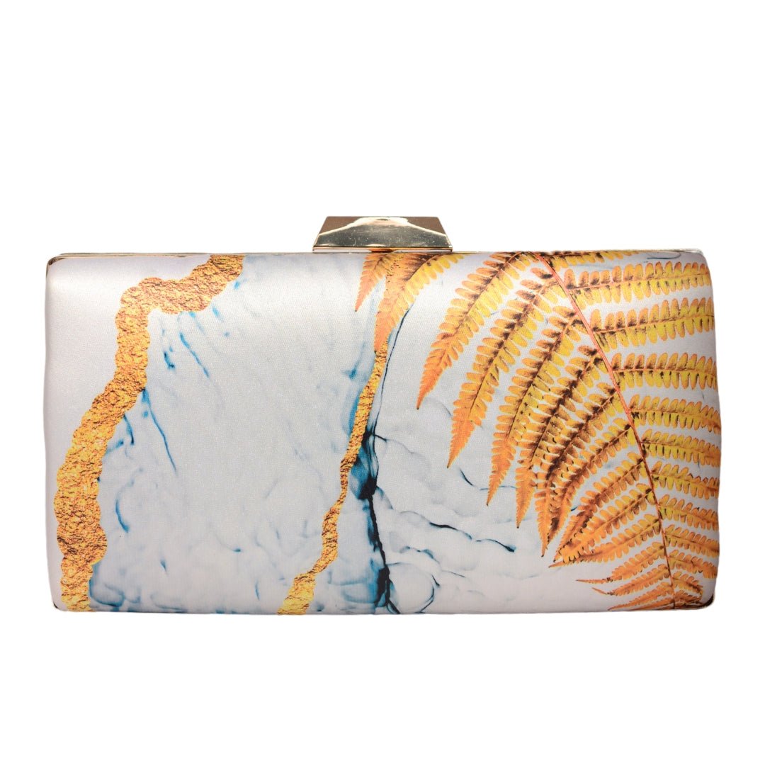 White And Yellow Resin Art Printed Clutch