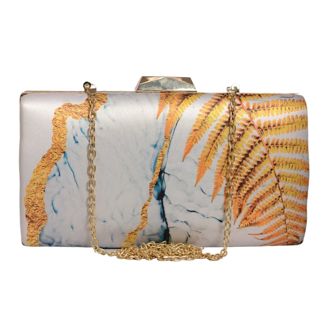 White And Yellow Resin Art Printed Clutch