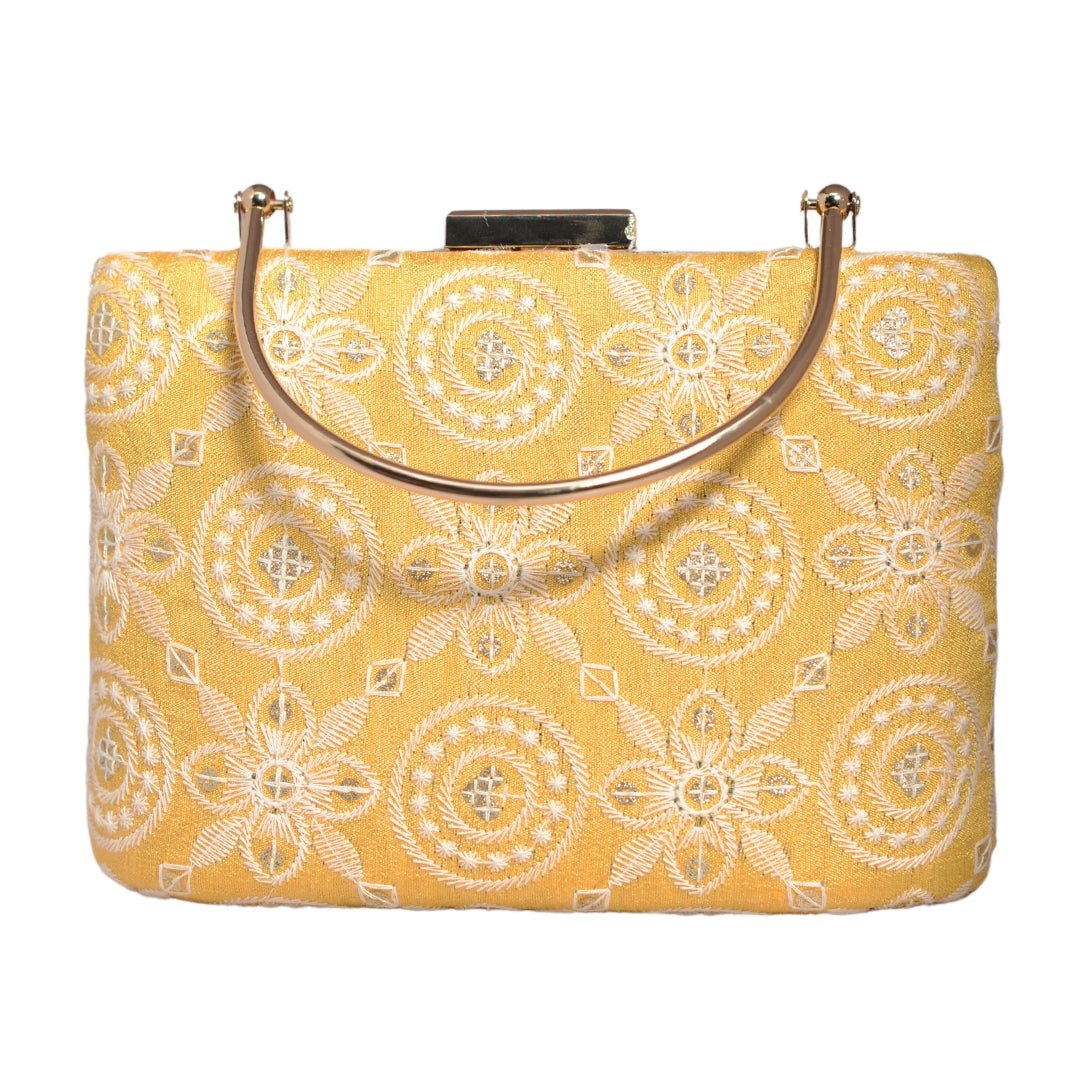 Yellow Multipattern Floral Embroidery Clutch